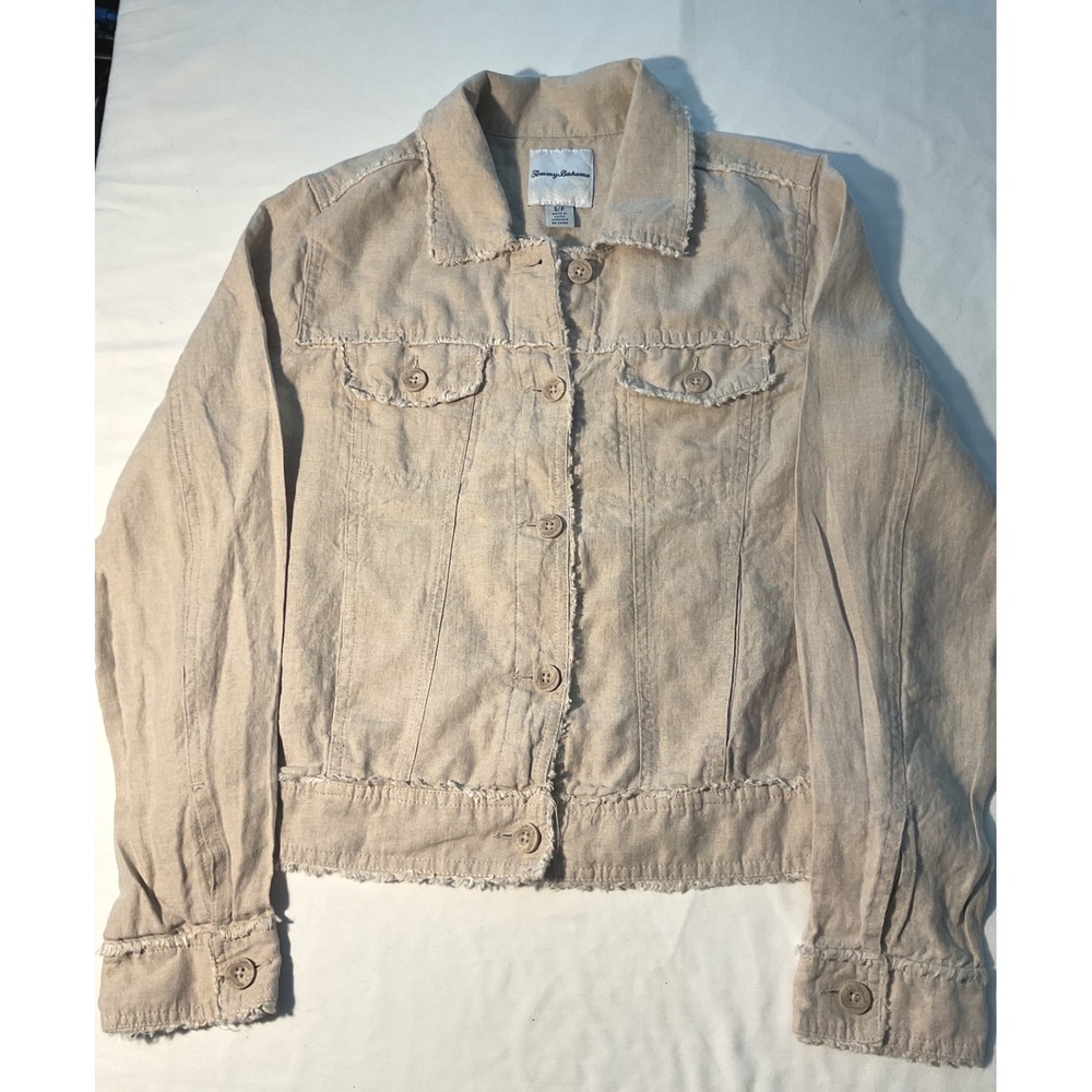 Tommy Bahama Womens Small Beige 100% Linen Frayed Edge Button Front Jacket